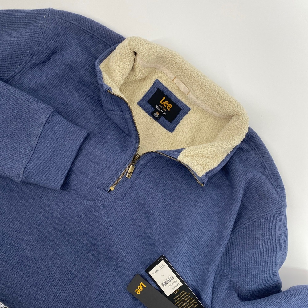NEW Lee Quarter 1/4 Zip Mens XXL Blue Sherpa Waffle Knit Thermal Work Cabin Camp
